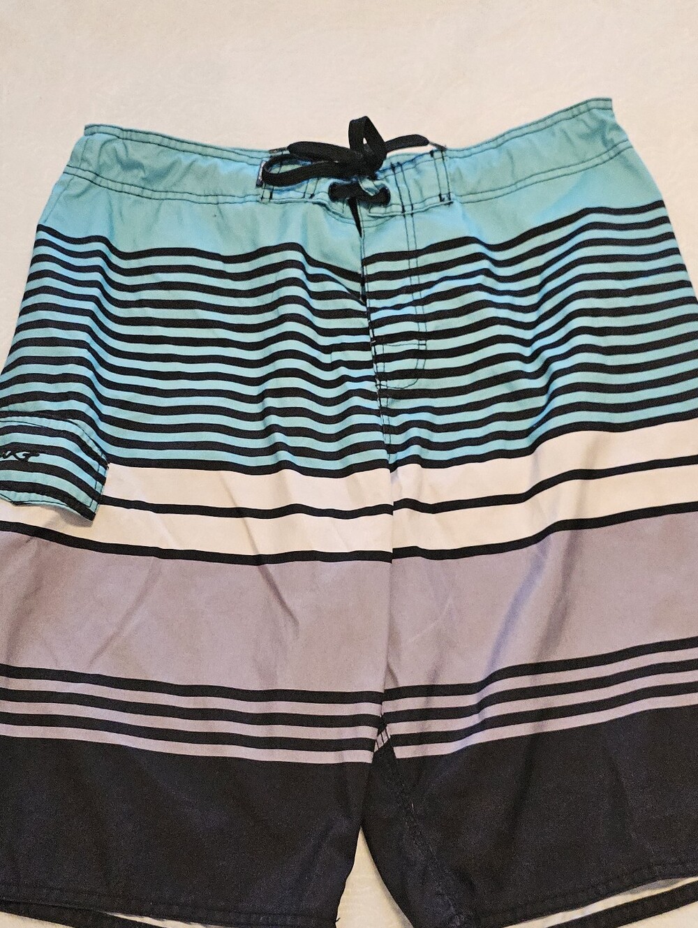 RS Surf Board Shorts Mens Medium Aqua Blue Striped Swim Trunks Pocket euc